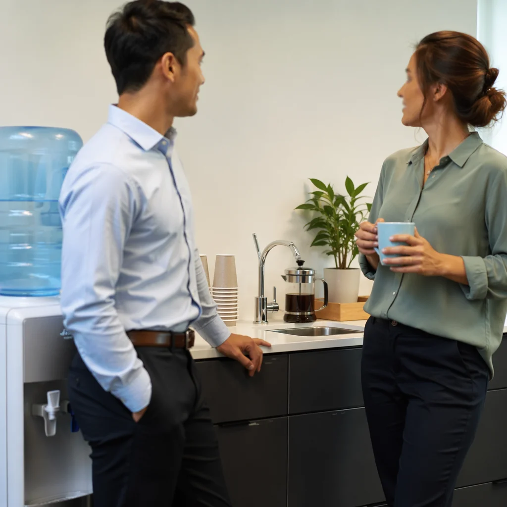 Coworkers Chatting at Office Water Cooler
