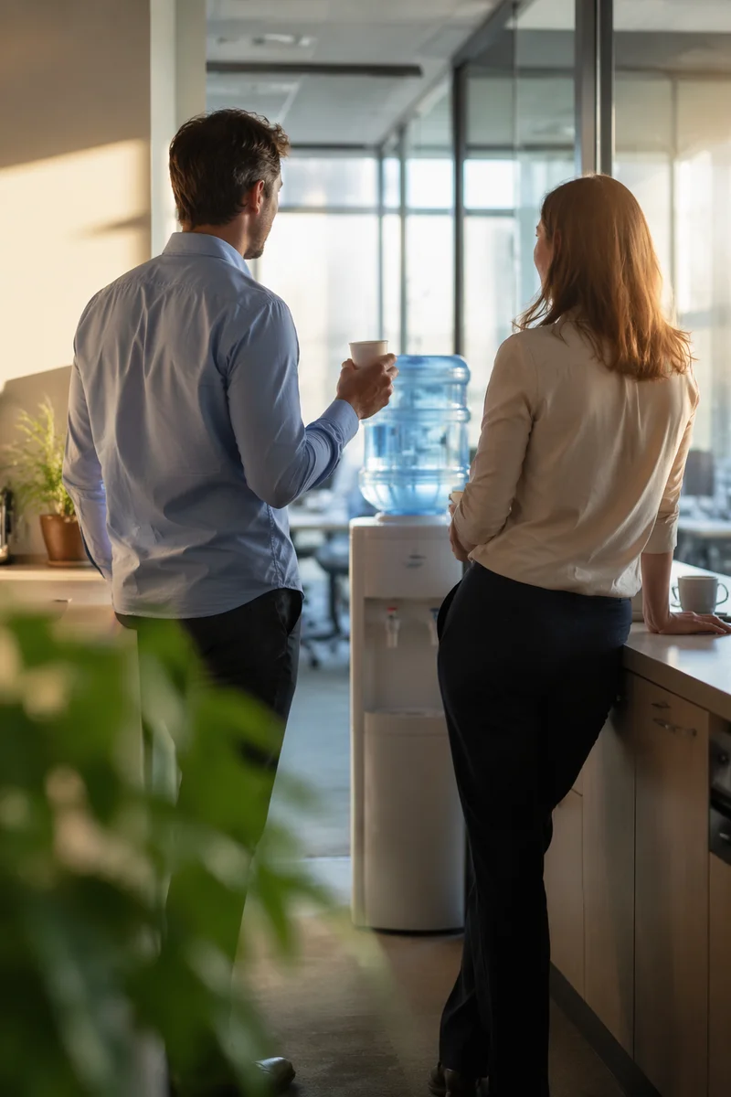 Coworkers Chatting at Office Water Cooler