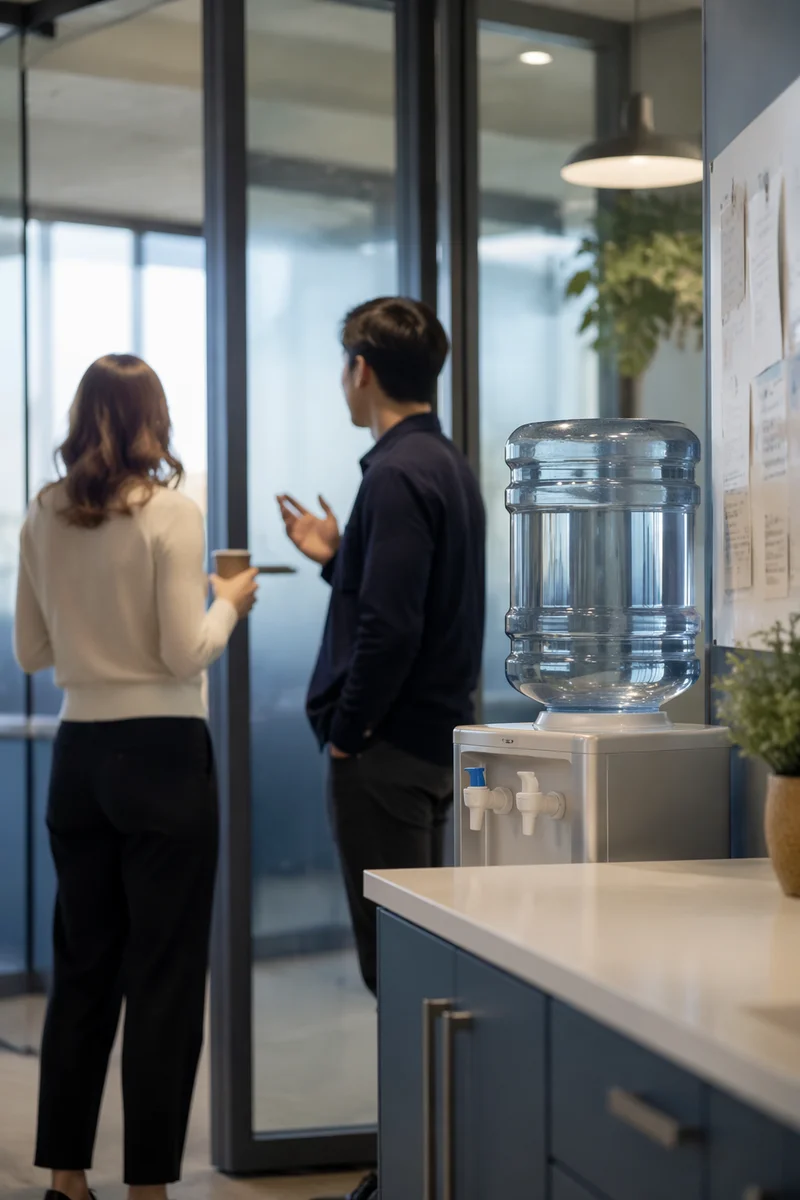 Coworkers Chatting by Office Water Cooler