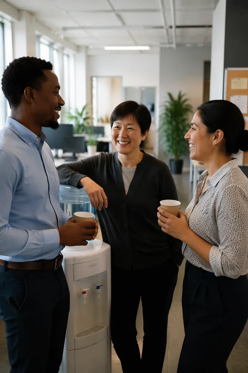 Coworkers Chatting Beside Office Water Cooler