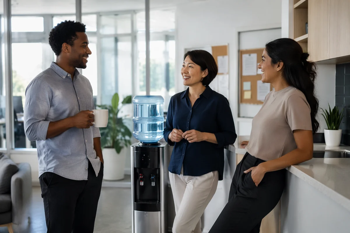 Coworkers Chatting by Office Water Cooler