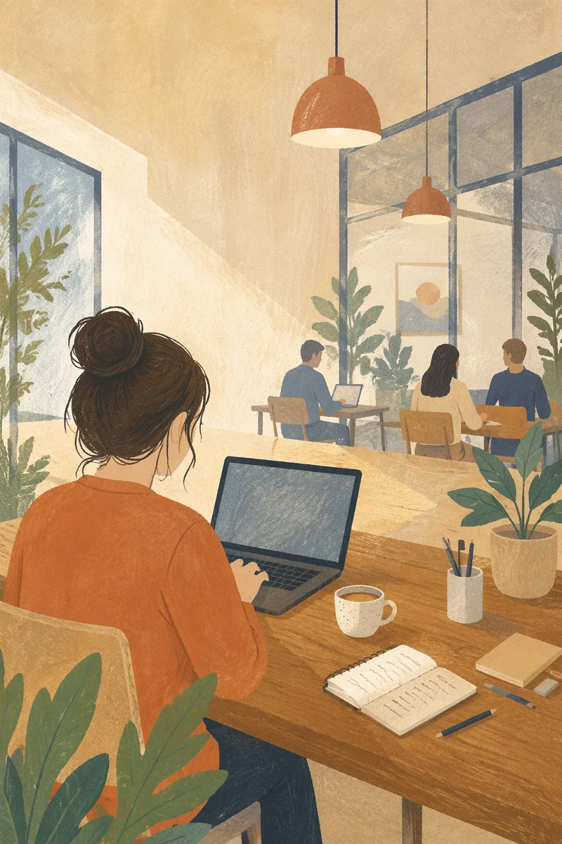 Freelancer Laptop Coffee in Coworking Morning