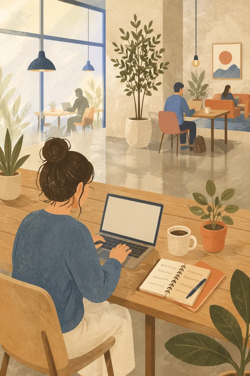 Focused Freelancer in Bright Coworking Lounge