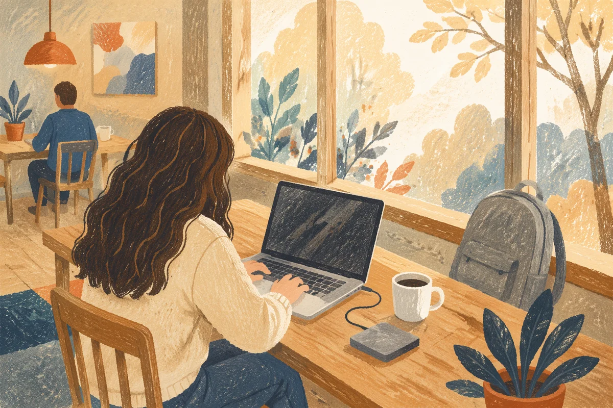 Freelancer Working in Sunlit Coworking Cafe