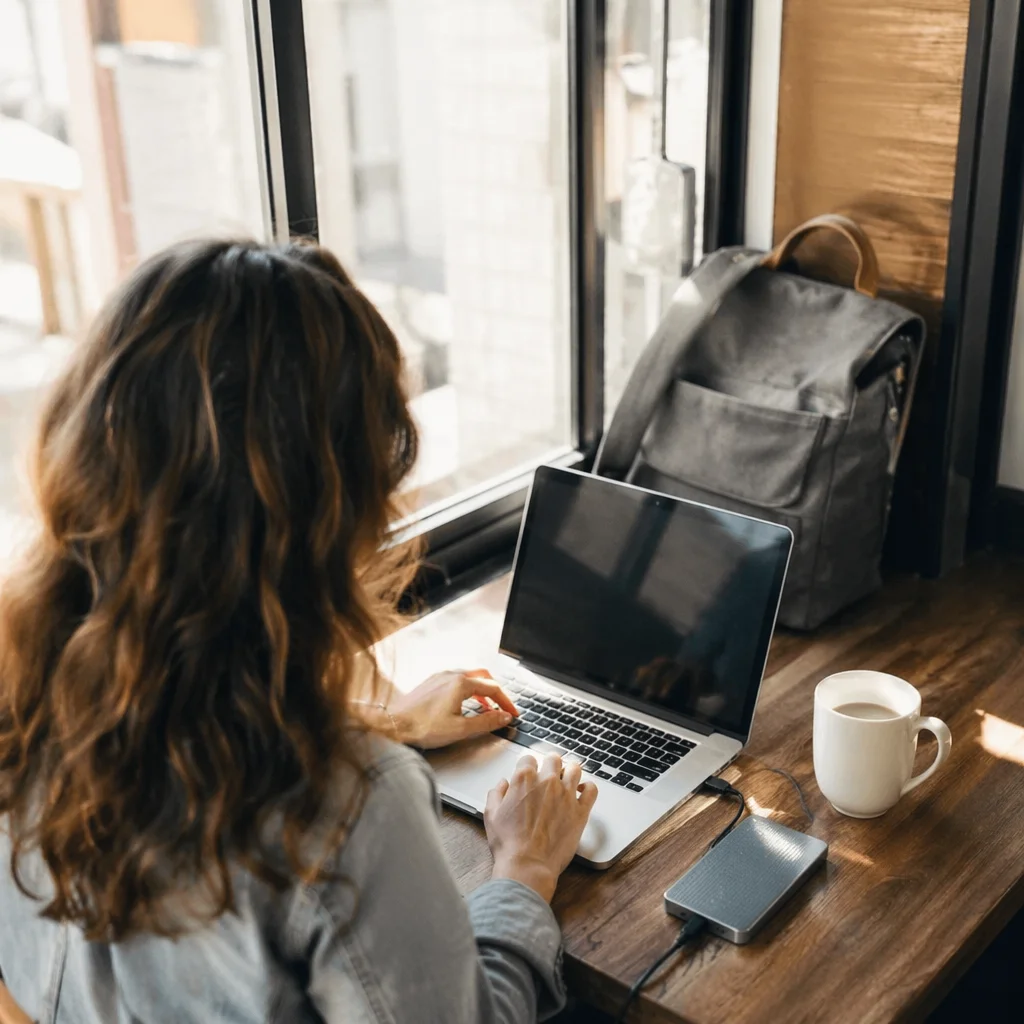 Freelancer Working in Sunlit Coworking Cafe