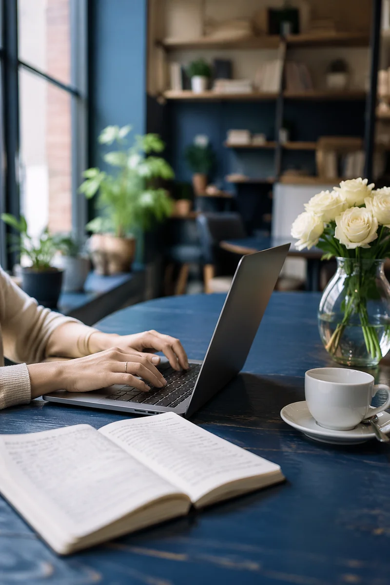 Freelancer Laptop and Coffee in Coworking Lounge