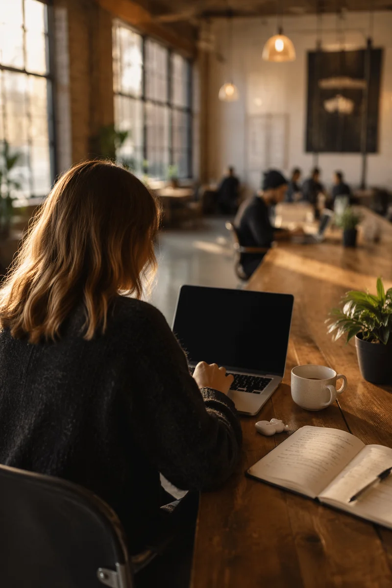Focused Freelancer in Warm Coworking Space