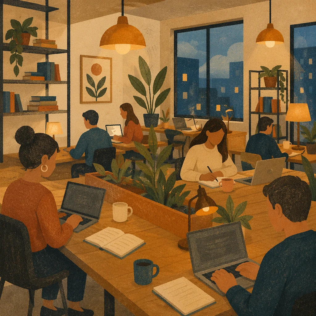 Warm Open Plan Coworking Space at Dusk
