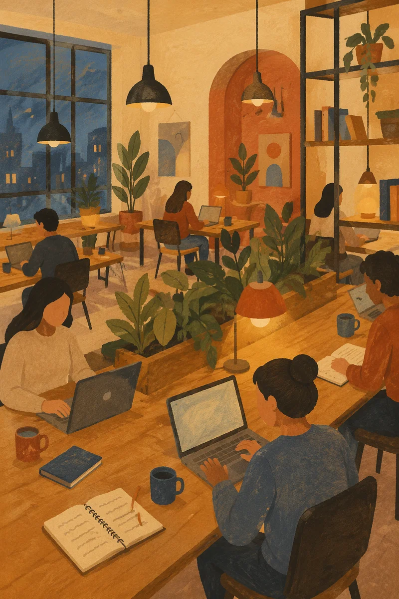 Warm Open Plan Coworking Space at Dusk