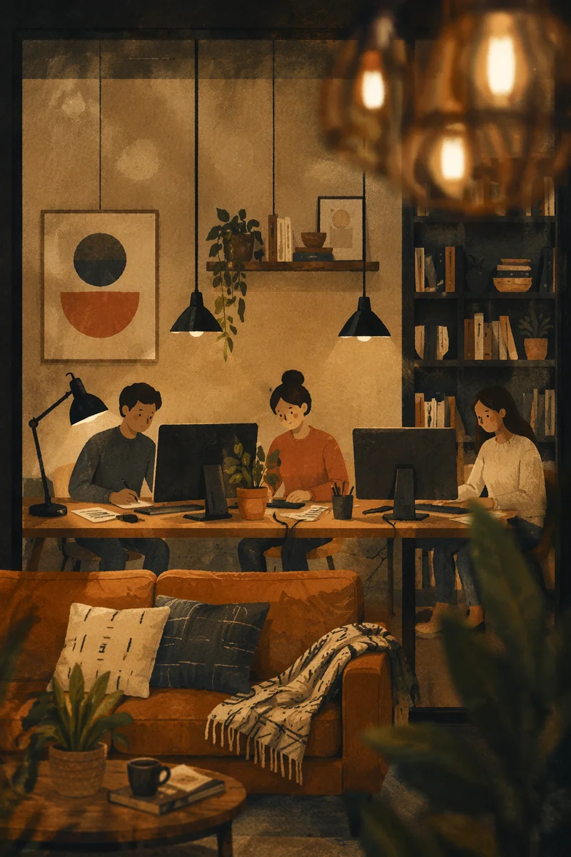 Warm Open-Plan Coworking Space Through Glass