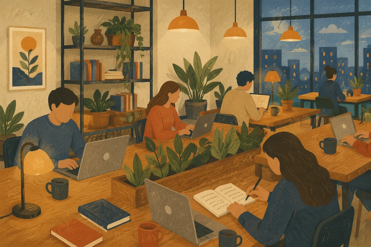 Warm Open Plan Coworking Space at Dusk