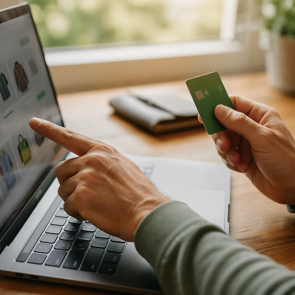 Online Card Payment at Wooden Desk