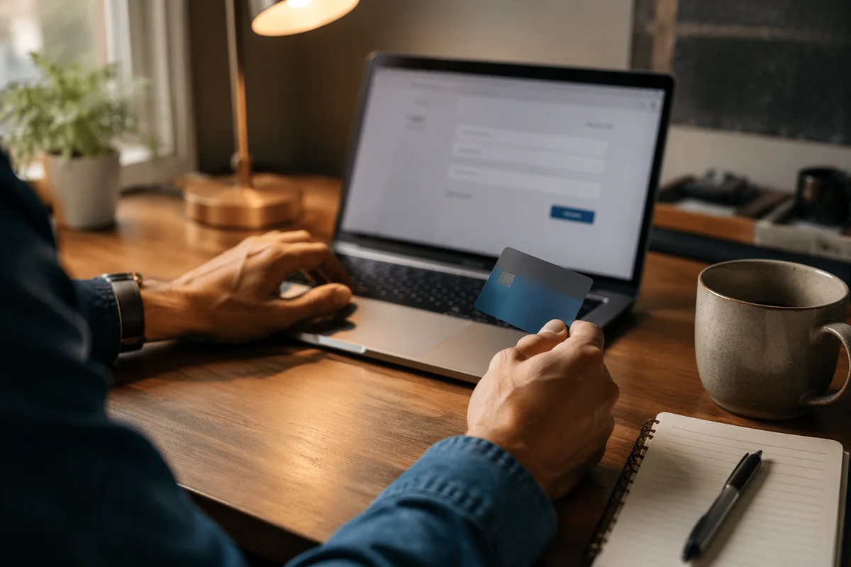 Online Payment at Warm Wooden Desk