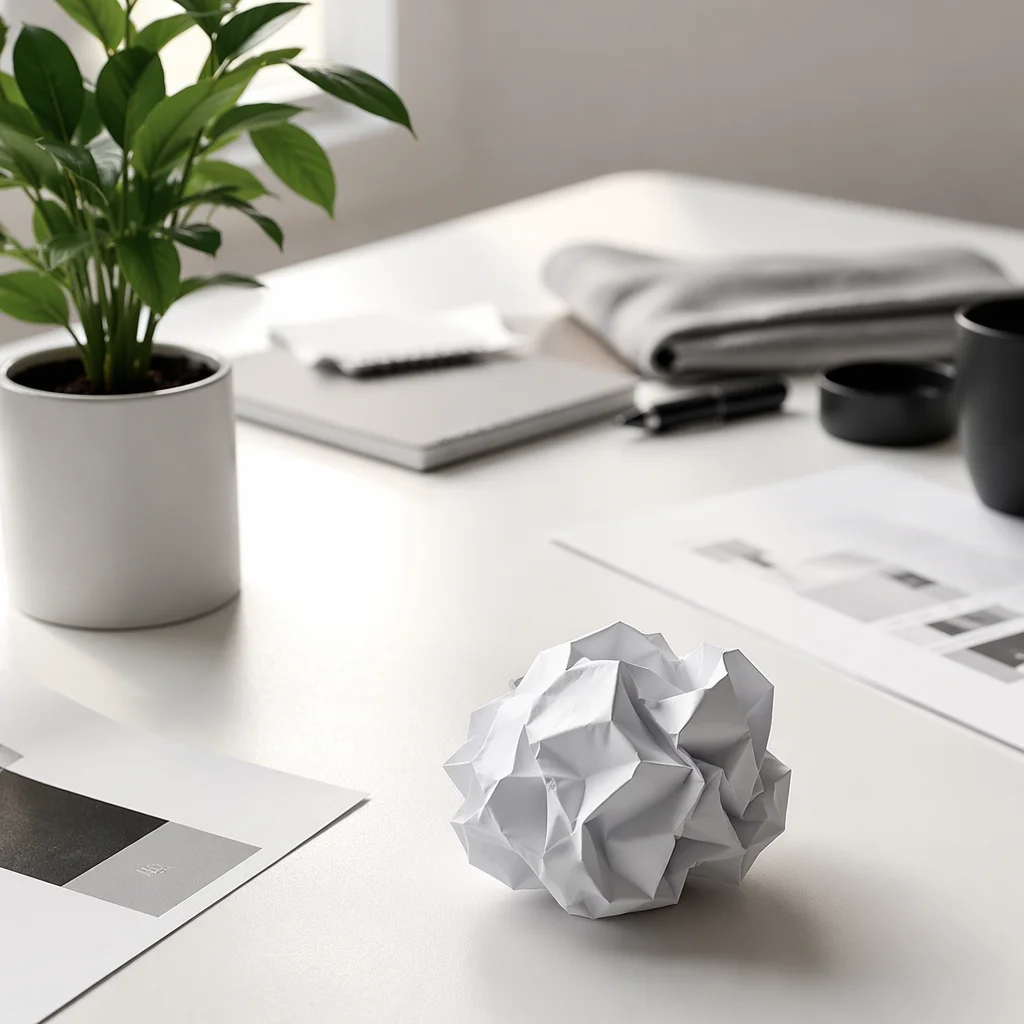 Crumpled Paper Brainstorming on Minimal Desk