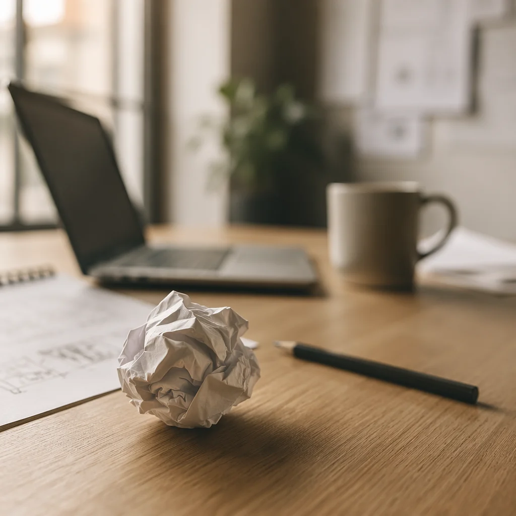 Crumpled Paper Ball on Desk Brainstorm
