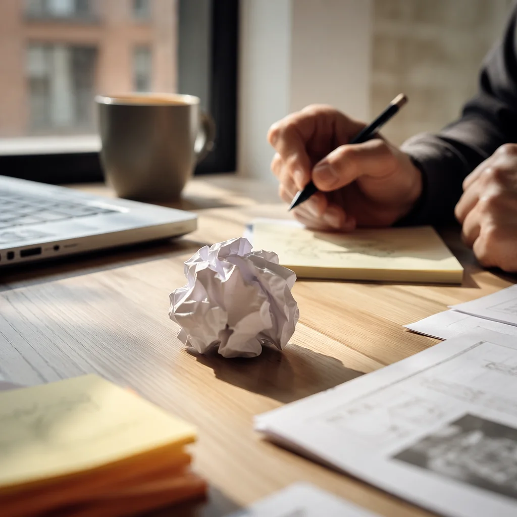 Crumpled Paper Ball on Desk Brainstorming