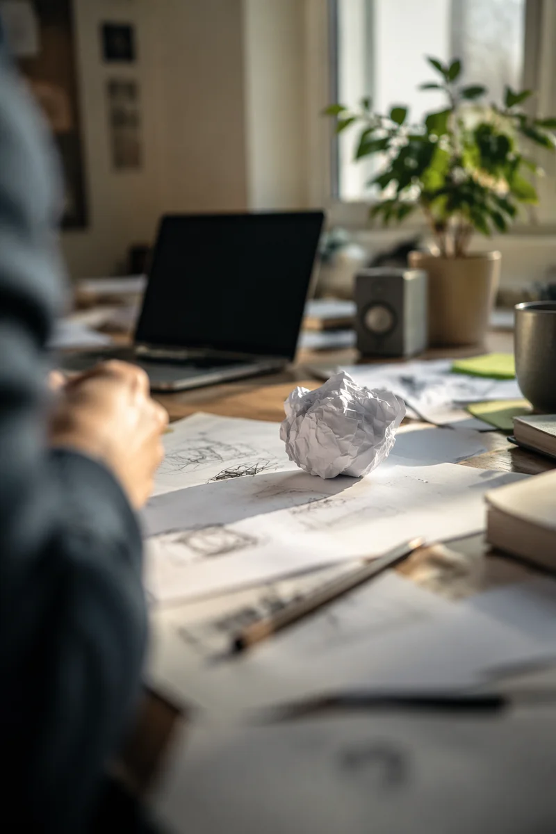 Crumpled Paper Ball on Creative Office Desk