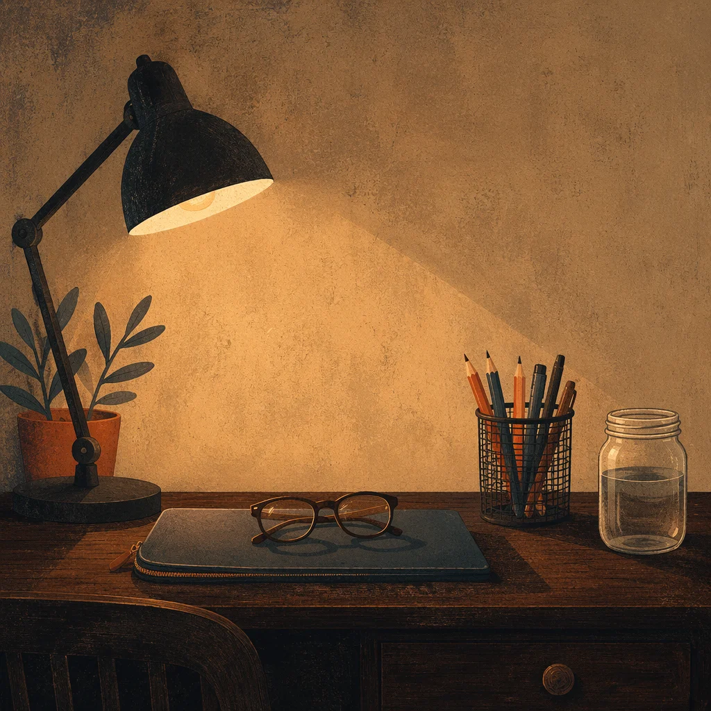 Warm Desk Lamp Over Evening Workspace