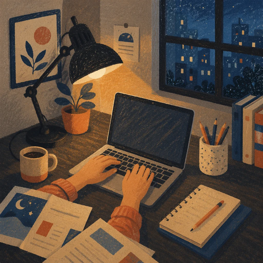 Warm Desk Lamp Over Evening Workspace