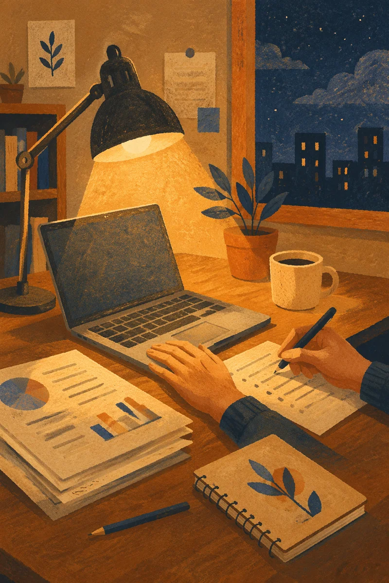 Warm Desk Lamp Over Evening Workspace