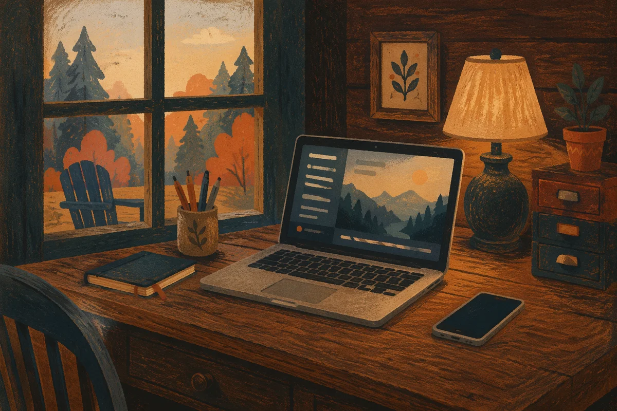 Warm Desk Lamp in Rustic Evening Workspace