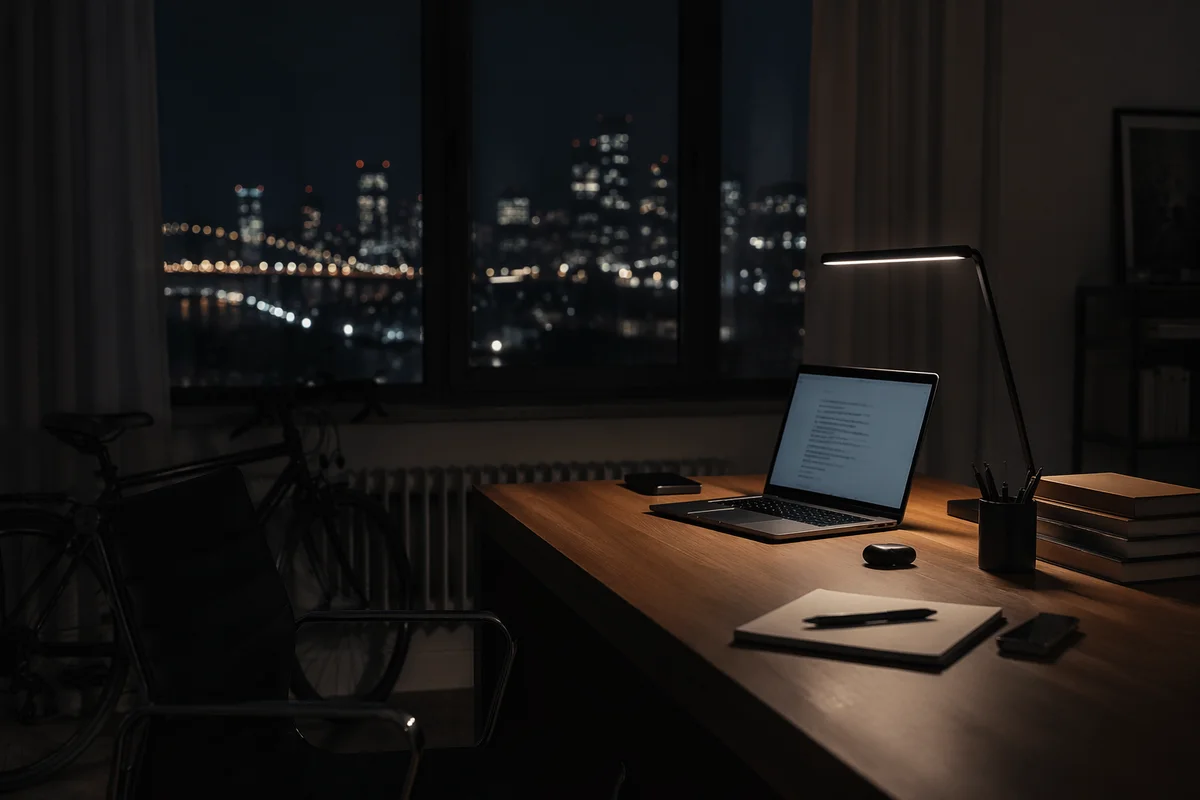 Evening Workspace Lit by Modern Desk Lamp