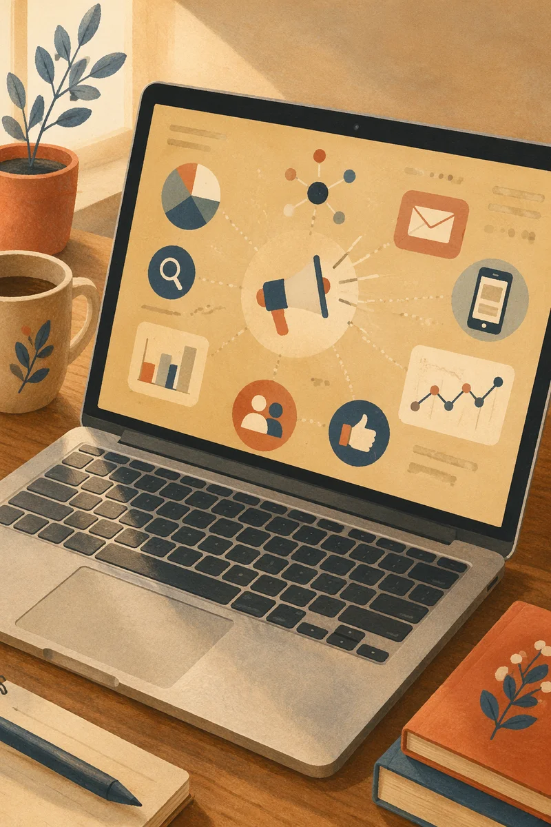 Digital Marketing Icons on Laptop Screen