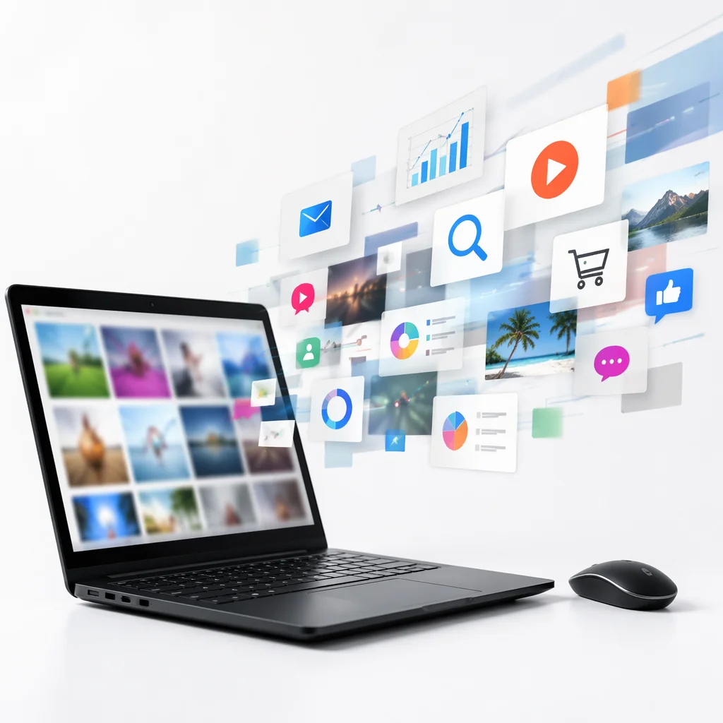 Digital Marketing Panels Floating From Laptop
