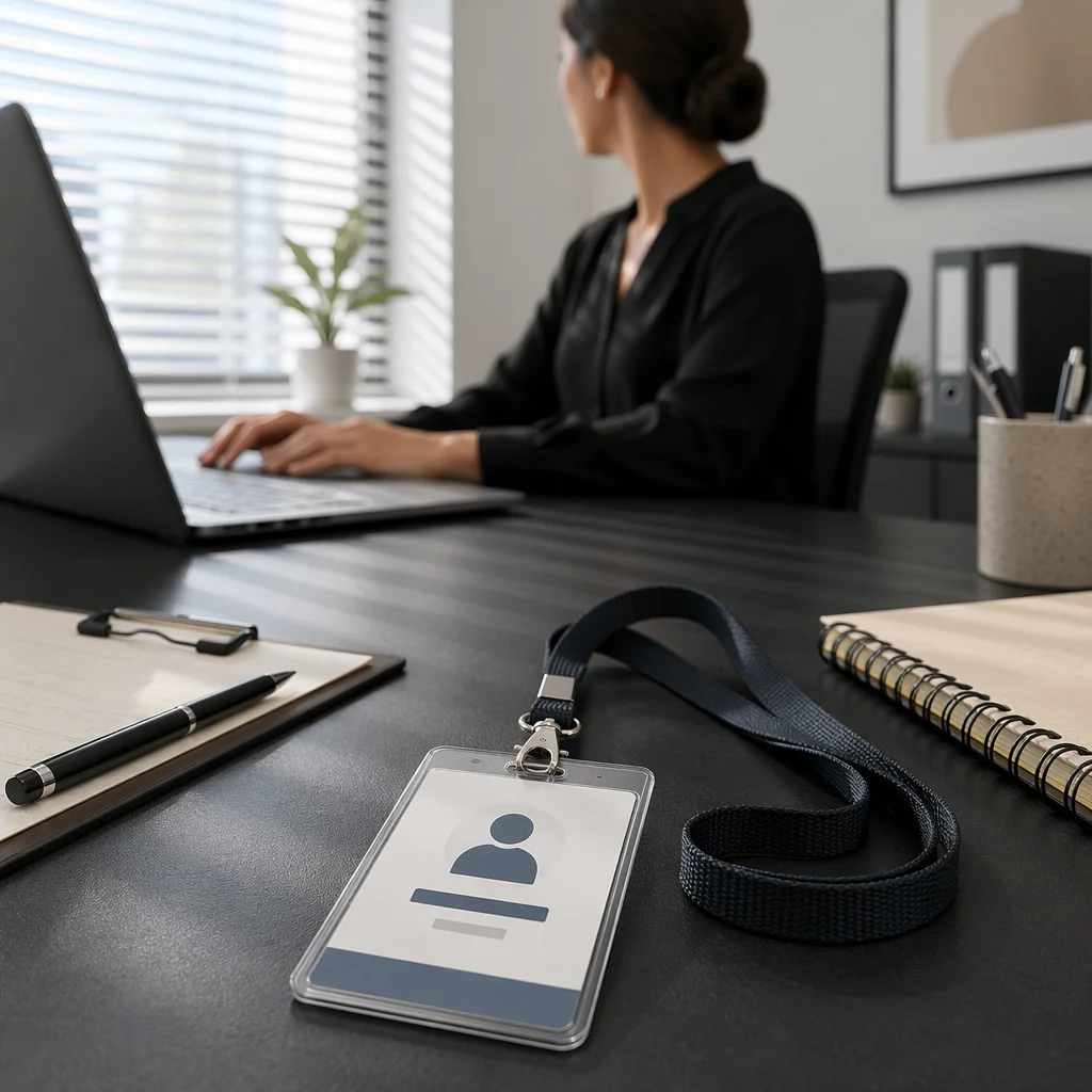 Professional Employee Badge on Office Desk