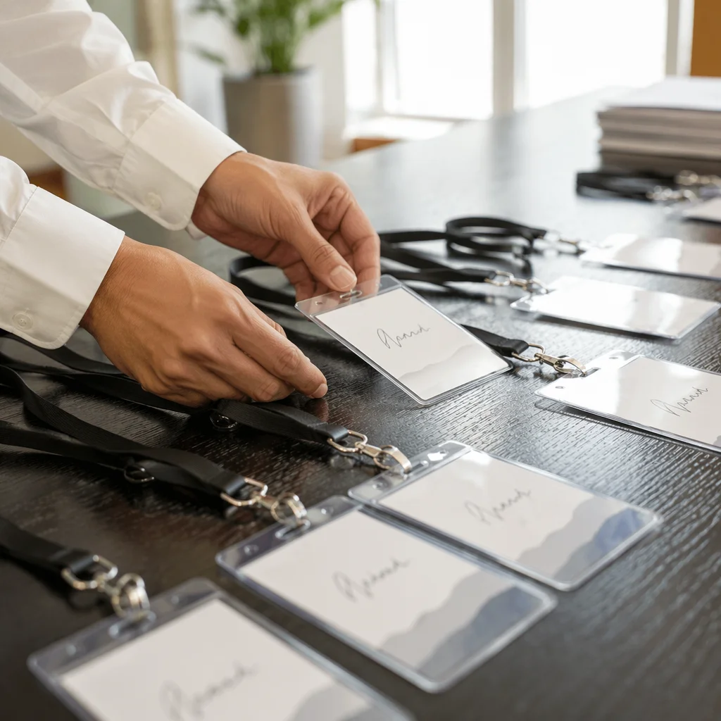 Professional Employee Badge Lanyards on Desk