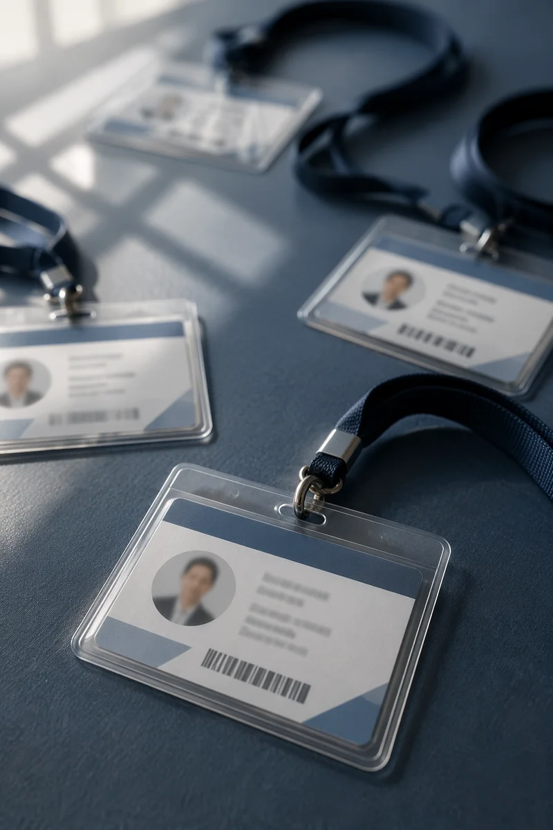 Professional Employee Badge Lanyards on Office Desk