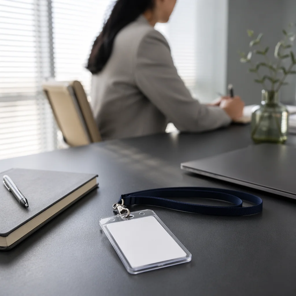 Professional Employee Badge on Modern Office Desk