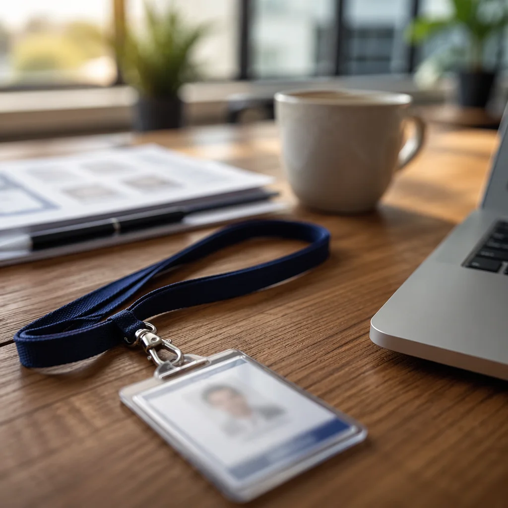 Professional Employee Badge and Lanyard Desk Scene