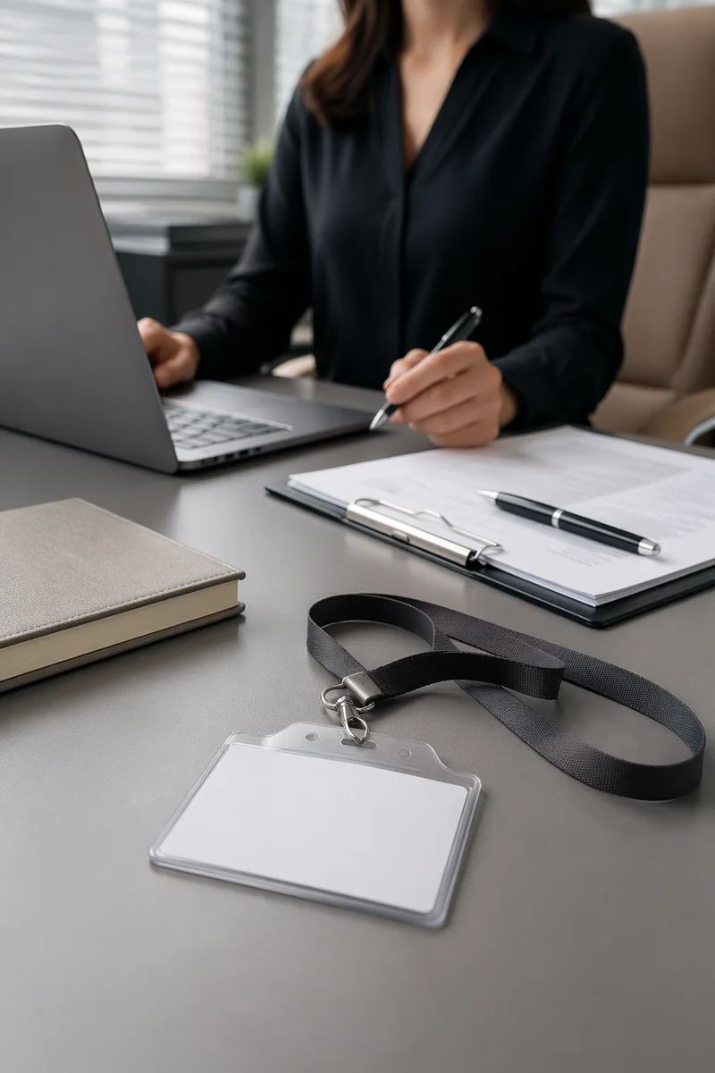Professional Employee Badge on Modern Office Desk