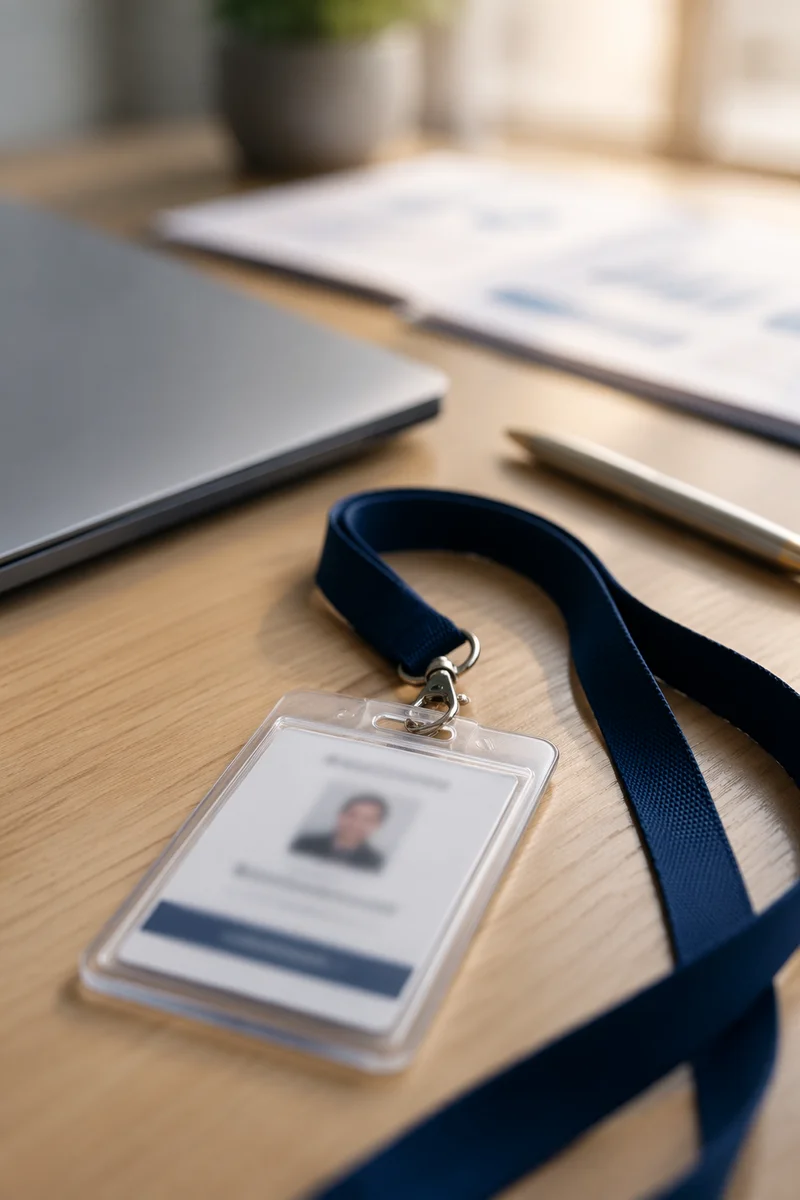 Professional Employee Badge on Modern Office Desk