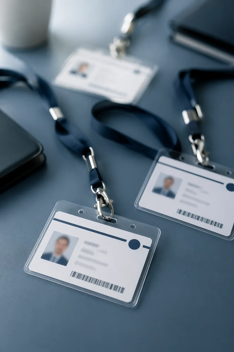Professional Employee Badge Lanyards on Office Desk