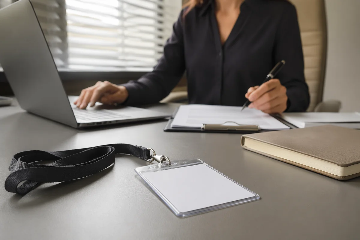 Professional Employee Badge on Modern Office Desk