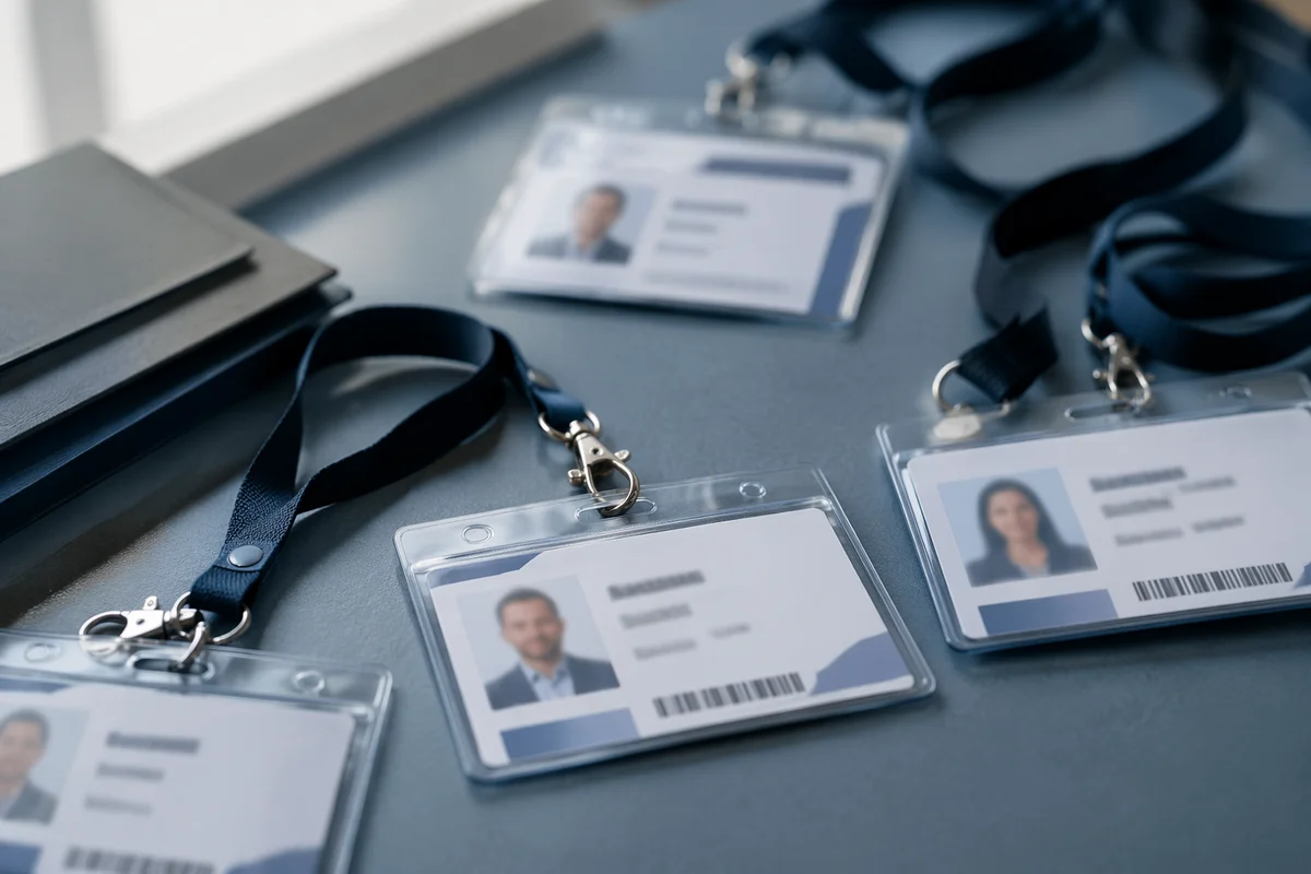 Professional Employee Badge Lanyards on Office Desk