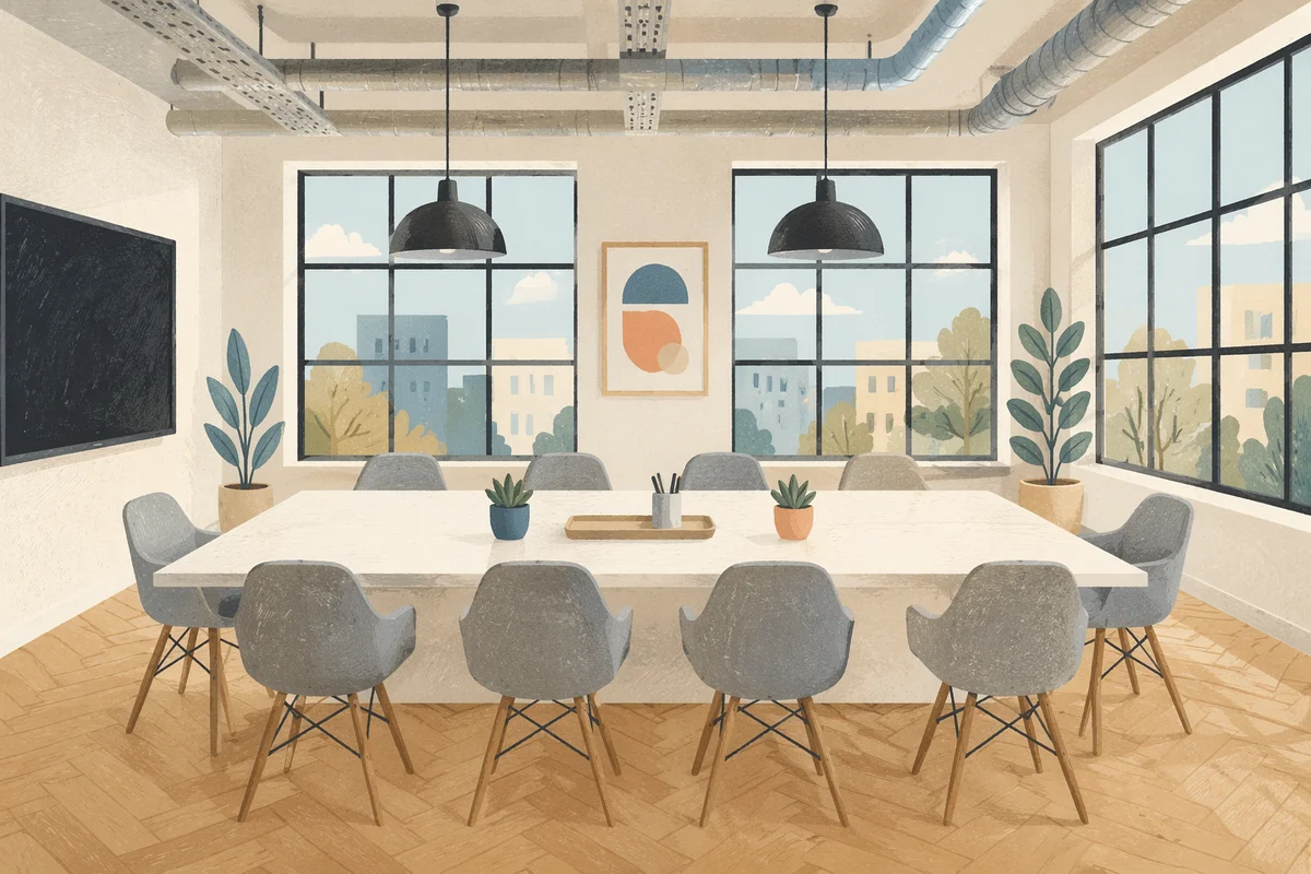 Empty Industrial Conference Room With Long Table