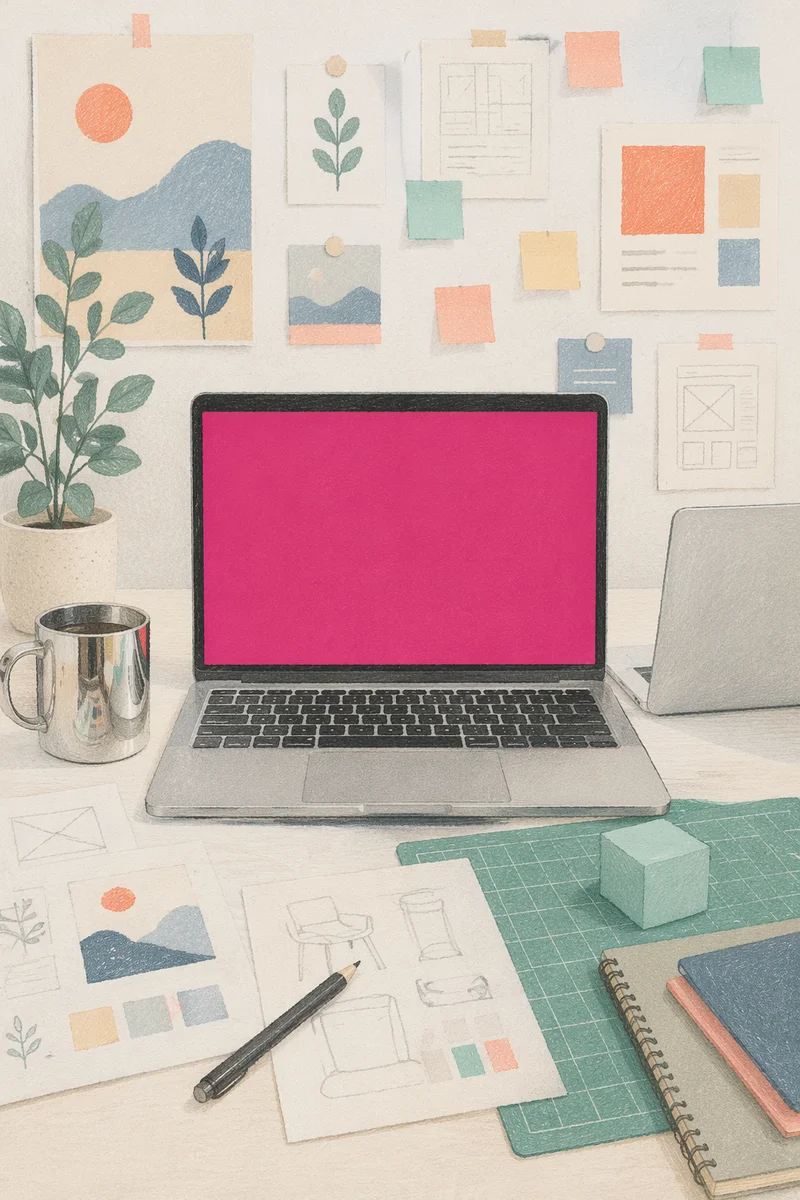 Creative Startup Desk With Magenta Laptop