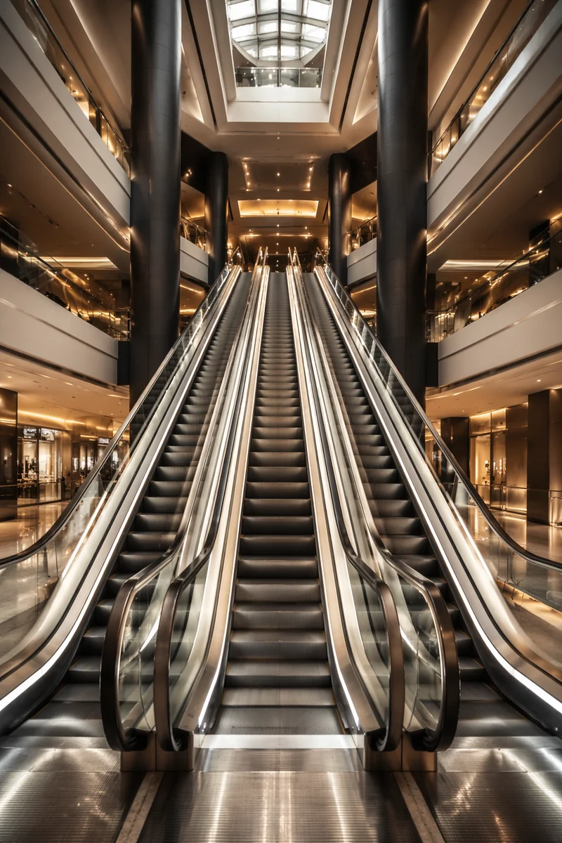 Modern Escalators Rising in Corporate Atrium
