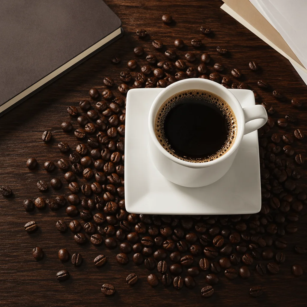 Elegant Espresso Cup on Walnut Work Desk