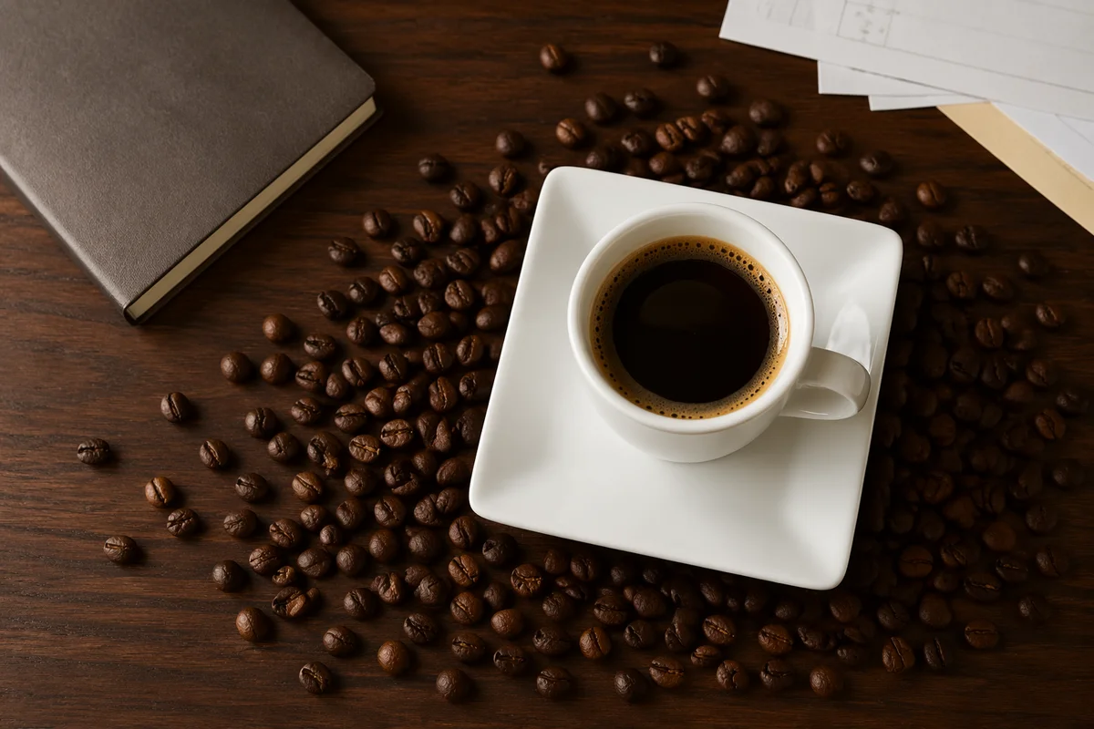 Elegant Espresso Cup on Walnut Work Desk