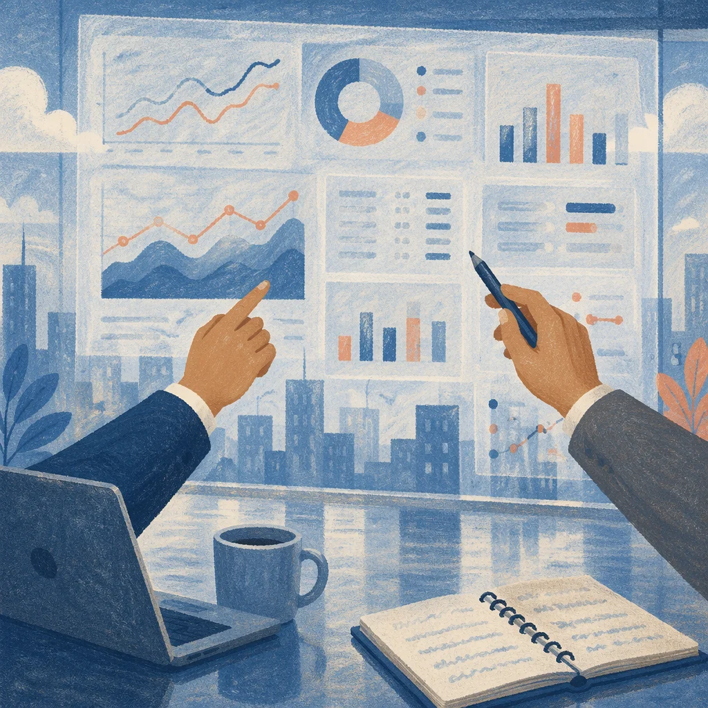 Morning Financial Analytics Review in Glass Office