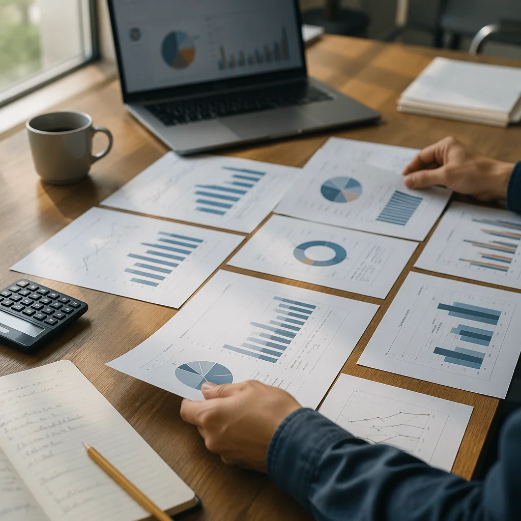 Financial Analytics Planning on Wooden Conference Table