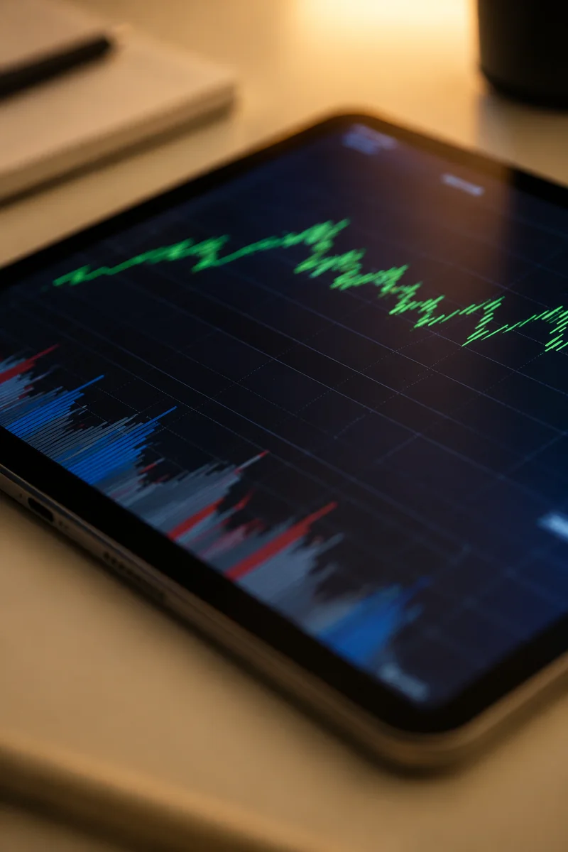 Tablet Financial Analytics Dashboard on Office Desk