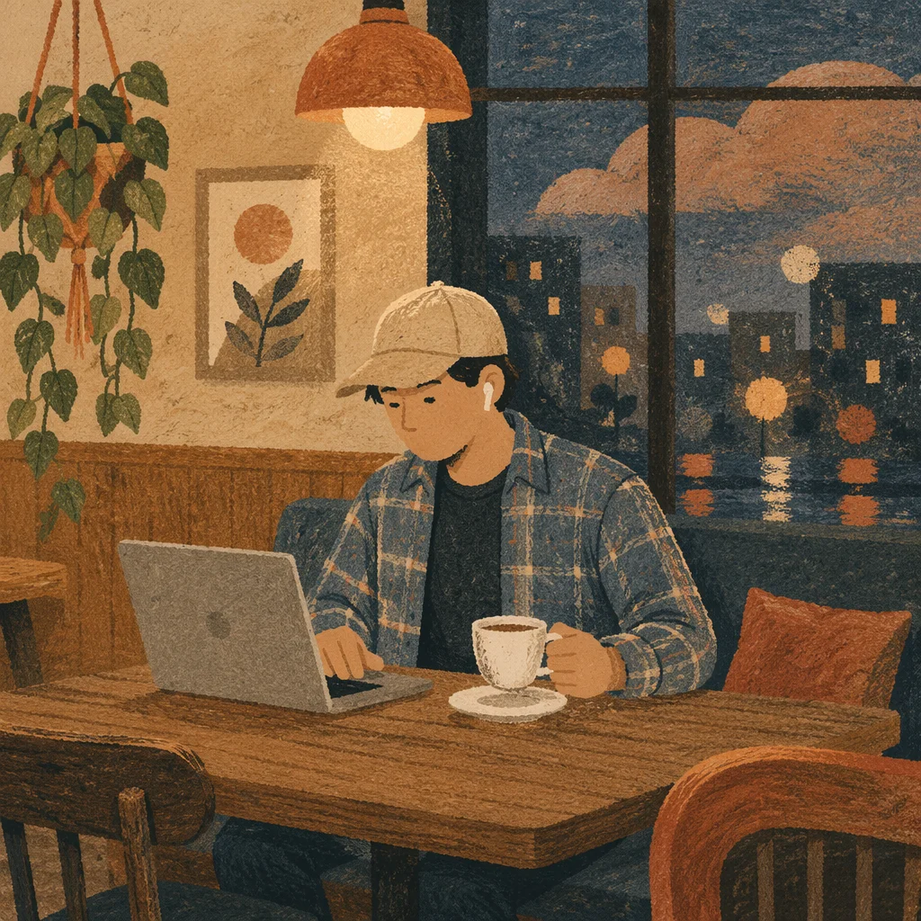 Cozy Cafe Freelancer Working at Dusk