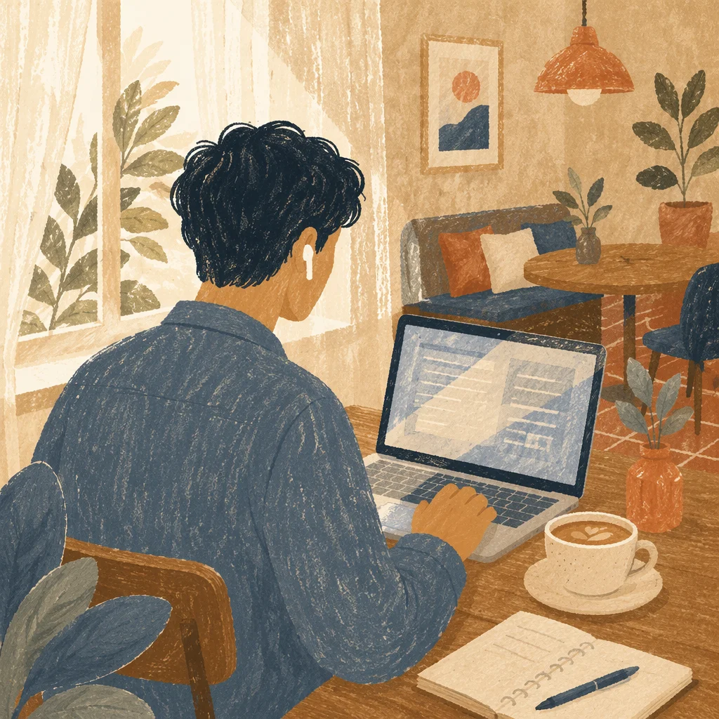 Focused Freelancer Working in Cozy Cafe