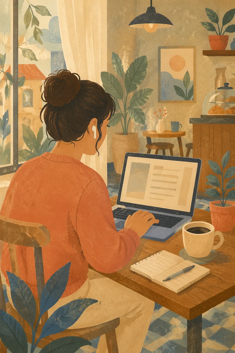 Focused Freelancer Working in Cozy Cafe