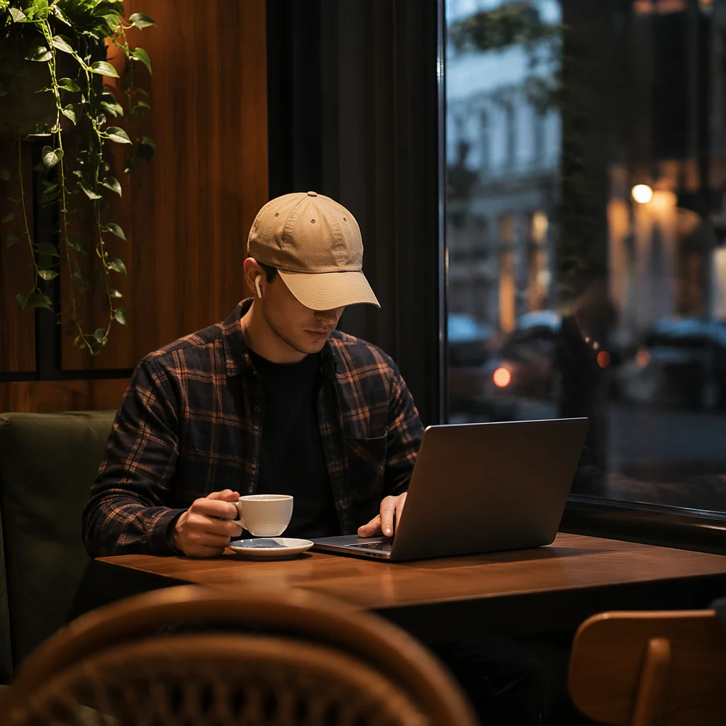 Freelancer Working on Laptop in Cozy Cafe
